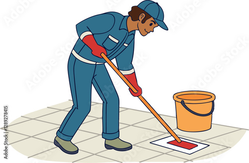 Janitor at Work. Mopping Floor Vector Artwork