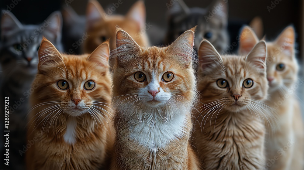 A group of adorable cats gazes intently at the camera, showcasing their fluffy fur and soulful eyes. A group of adorable cats gazes intently at the camera, showcasing their fluffy fur and soulful eyes.
