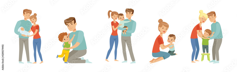 Mom and Dad Parent with Little Kid Vector Set. Mom and Dad Parent with Little Kid Vector Set.