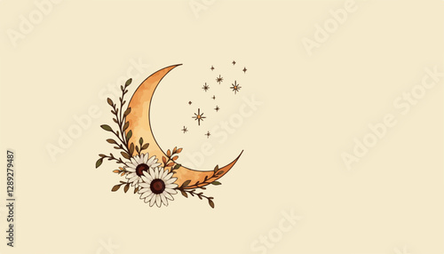 Crescent Moon with Delicate White Flowers in Warm Autumnal Colors with Copy Space