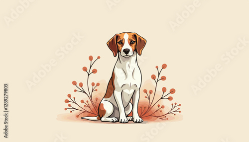 Beagle Dog Sitting Among Stylized Autumnal Foliage with Berries