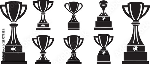 Trophy cup icon cullection vector set sketch of trophys. Victory symbol. Flat graphic illustrations isolated on white background