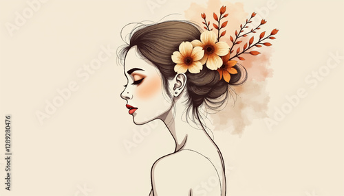 Woman in Profile with Elegant Updo and Vibrant Floral Embellishments in Modern Artistic Style