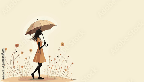 Silhouetted Woman Walking in Flower Field with Tan Umbrella in Minimalist Graphic Design Style