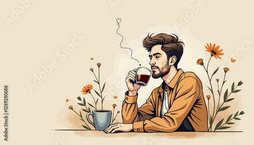 Contemplative Man Sipping Coffee Amidst Stylized Orange Flowers in Mid-Century Modern Illustration