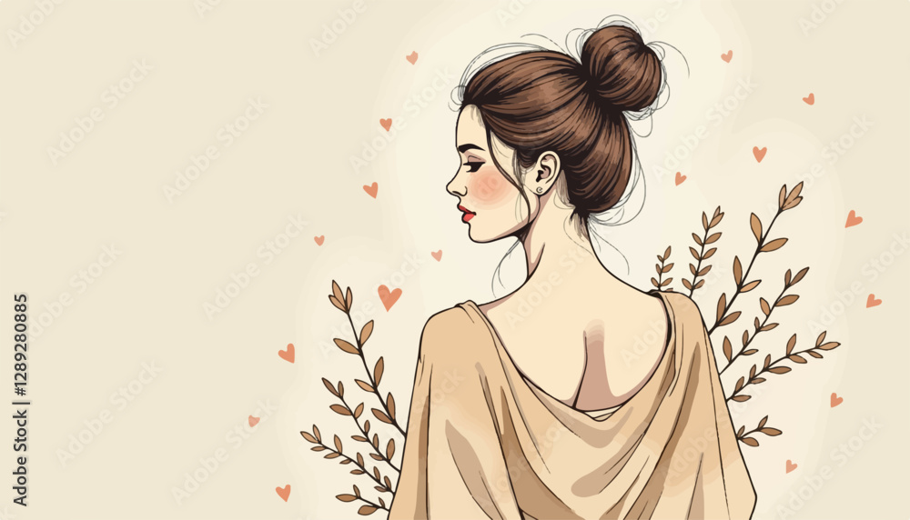 Woman in Beige Dress with Romantic Floral Elements in Minimalist Contemporary Style Woman in Beige Dress with Romantic Floral Elements in Minimalist Contemporary Style