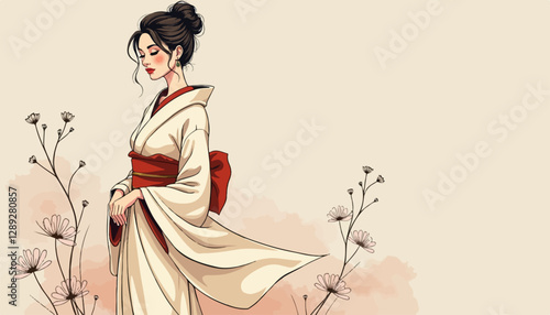 Elegant Kimono-Clad Woman with Serene Demeanor in Traditional Japanese Minimalist Aesthetic