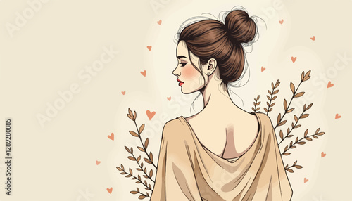 Woman in Beige Dress with Romantic Floral Elements in Minimalist Contemporary Style