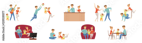 Mom and Dad Parent with Little Kid Vector Set.
