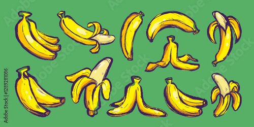 Hand Drawn Delicious Banana Fruits. Colorful grunge abstract bananas with bold outline and texture. Clipart juicy food in doodle style 
