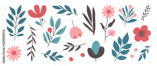 Spring flower and leaves, floral icon, cute plant set, doodle garden branch, summer leaf hand drawn, simple rustic collection retro art isolated on white background. Vintage nature vector illustration