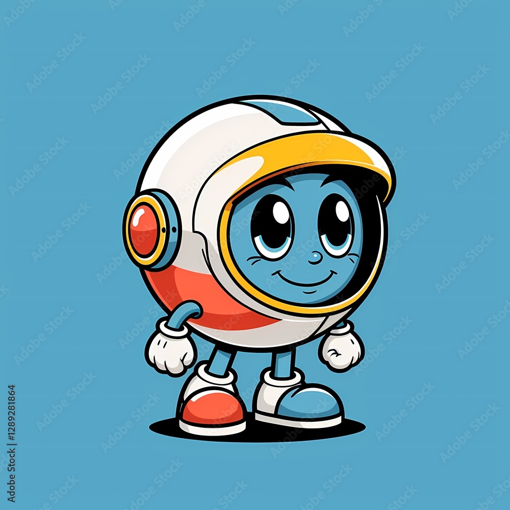 Fototapeta premium Cute cartoon astronaut character with big smiling helmet and red‑white suit giving a thumbs up 