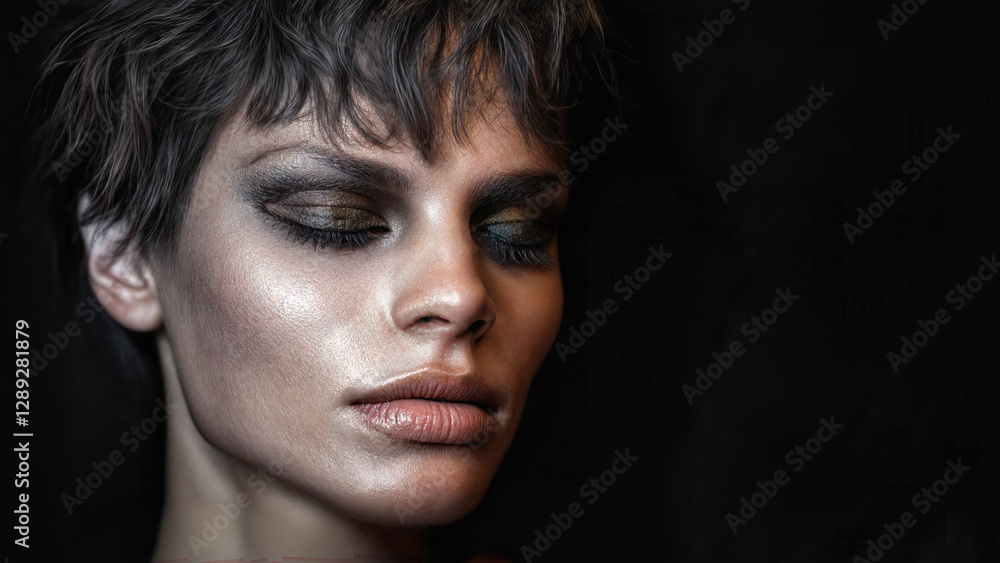 A bold, expressive portrait of a young androgynous man or woman with short brown hair and eye makeup. Eyes closed. Extreme closeup. Copy space. A bold, expressive portrait of a young androgynous man or woman with short brown hair and eye makeup. Eyes closed. Extreme closeup. Copy space.