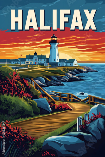 Halifax Travel Poster .Scenic Skyline & Historic Canadian Landmarks Art. graphic travel posters of halifax