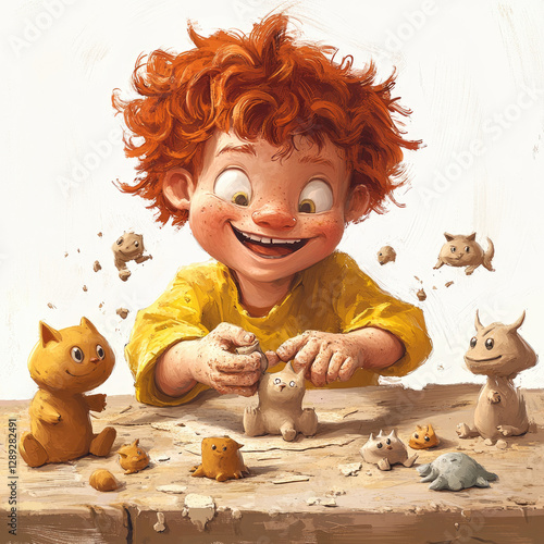 Child Sculpting Clay Creatures at Table