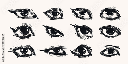 Hand Drawn Eyes with Bulky Lines and Grunge Texture. Abstract and funny eye collection isolated on white background