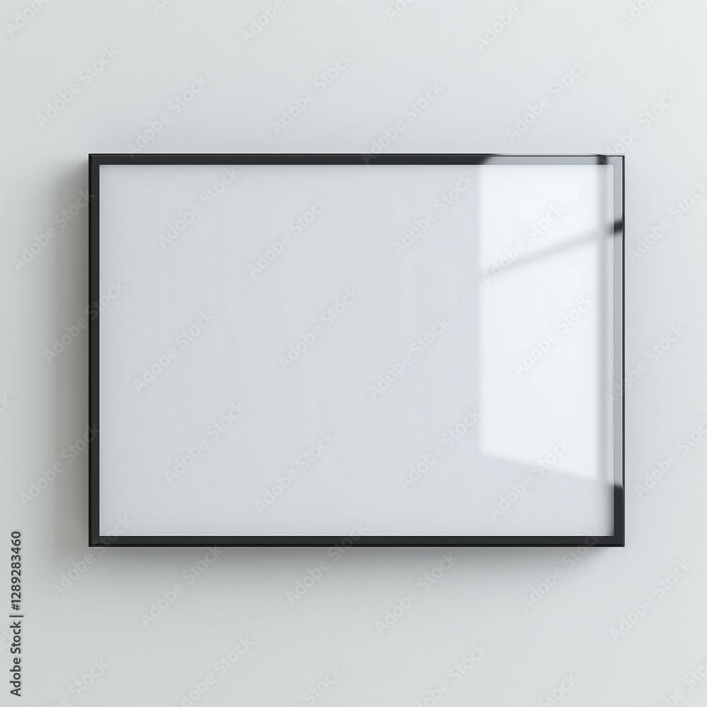 A sleek, empty black frame mounted on a minimalistic white wall, ready for artwork. A sleek, empty black frame mounted on a minimalistic white wall, ready for artwork.