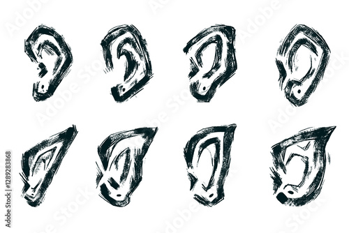 Hand Drawn Ears with Bulky Lines and Grunge Texture. Abstract and funny ear collection isolated on white background
