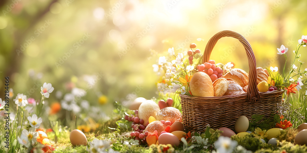 Easter Picnic Basket with Painted Eggs and Fresh Bread in a Blooming Garden Easter Picnic Basket with Painted Eggs and Fresh Bread in a Blooming Garden