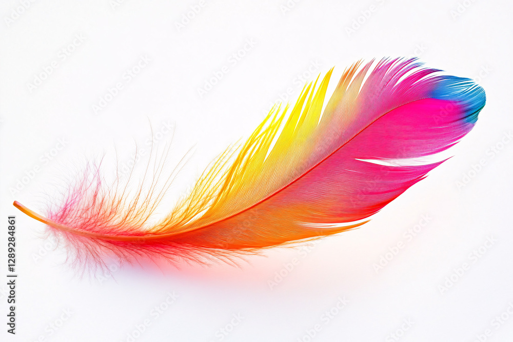 Single colorful bird feather on white background Single colorful bird feather on white background