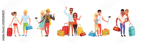 Happy Couple Enjoying Summer Vacation Together Having Honeymoon Trip Vector Set