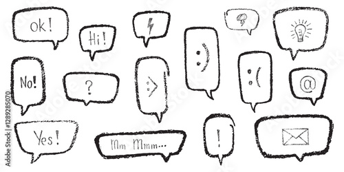 Oval and square chalk, crayon hand drawing speech bubble set. Vector stock grunge texture illustration on white chalkboard background for design template business presentation, school education.