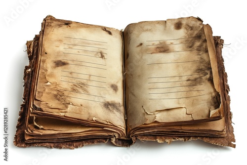 An antique open book with burnt and aged pages, featuring blank lines for writing. Atmospheric and nostalgic. photo