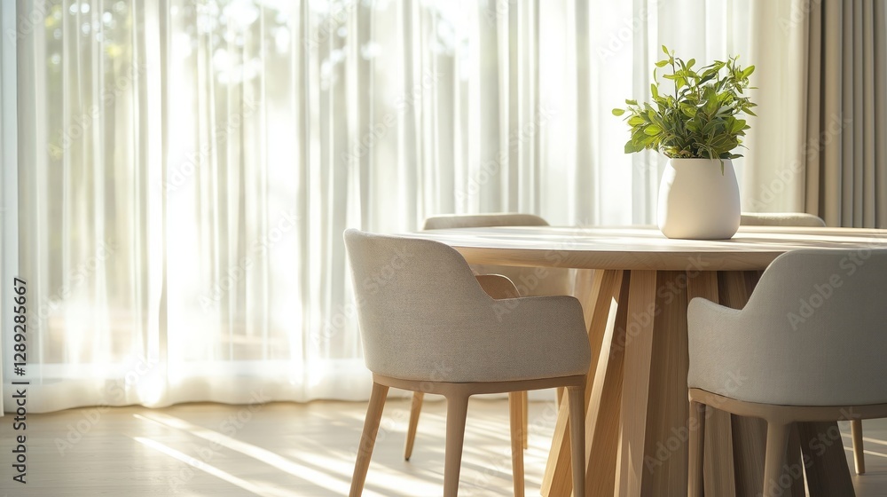 round dining table with a natural wood finish, surrounded by upholstered chairs round dining table with a natural wood finish, surrounded by upholstered chairs