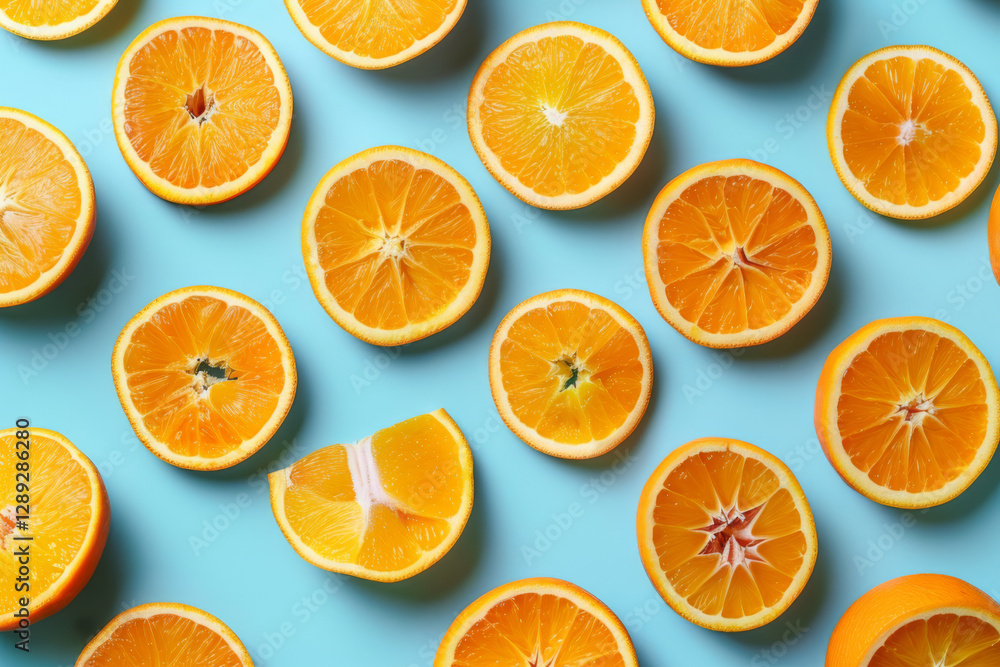 Freshly sliced oranges arranged neatly on a light blue background, showcasing vibrant orange segments and natural juiciness. Freshly sliced oranges arranged neatly on a light blue background, showcasing vibrant orange segments and natural juiciness.