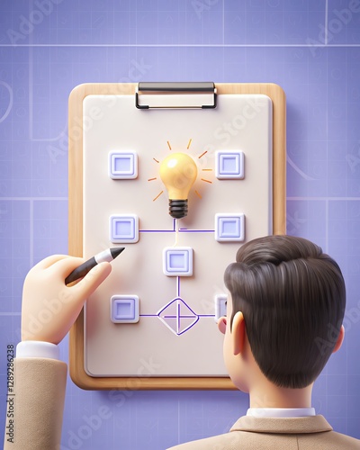 Conceptual illustration of business strategy with flowchart and light bulb on clipboard.