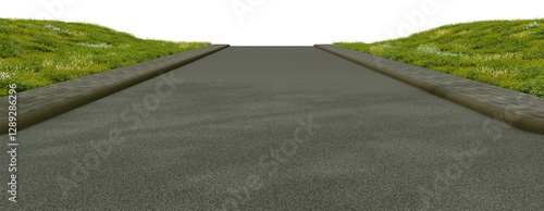 Bilde på lerret 3D Render Asphalt Road with Flower Garden and Shrub on Transparent Background