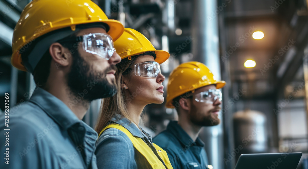 Obraz premium Three workers, one female and two male, discuss safety protocols while wearing helmets and protective eyewear in an industrial facility