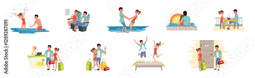 Happy Couple Enjoying Summer Vacation Together Having Honeymoon Trip Vector Set