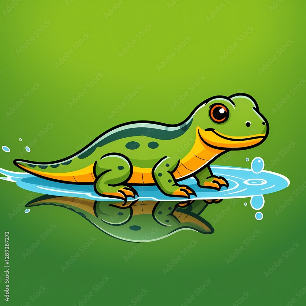 Obraz premium Green cartoon gecko dripping water on a bright green background 