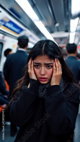 A Distressed Young Woman in a Crowded Subway Car Captured in a Chaotic Urban Setting