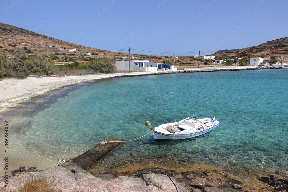 White sandy paradise beach of Prassa with turquoise crystal clear sea voted one of the best in Greece, Kimolos island, Cyclades White sandy paradise beach of Prassa with turquoise crystal clear sea voted one of the best in Greece, Kimolos island, Cyclades
