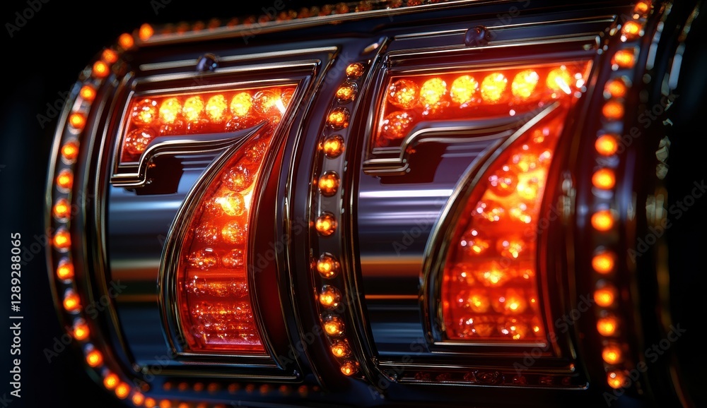 Bright red illuminated 777 slot machine symbol in casino setting Bright red illuminated 777 slot machine symbol in casino setting