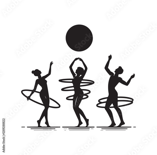 Men and women hula hooping silhouette vector illustration