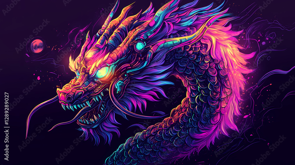 Cybernetic dragon sticker: neon scales & cyberpunk style. Cybernetic Mythological Dragon. Illustration Cybernetic dragon sticker: neon scales & cyberpunk style. Cybernetic Mythological Dragon. Illustration