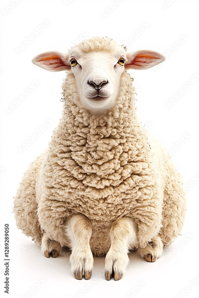 Fototapeta premium Fluffy Sheep Sitting Comfortably on White Background