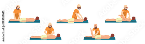 Man Osteopath and Manual Therapist Massaging Patient Vector Set