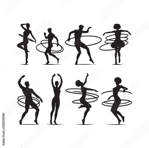 Men and women hula hooping silhouette vector illustration