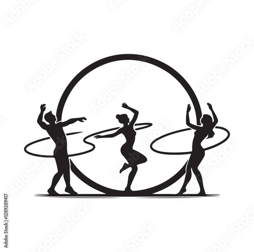 Men and women hula hooping silhouette vector illustration
