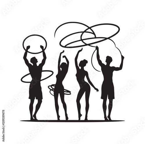 Men and women hula hooping silhouette vector illustration