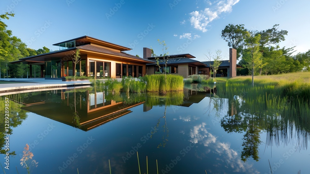 Serene Reflection, Modern House Mirrored in a Tranquil Pond at Sunset Serene Reflection, Modern House Mirrored in a Tranquil Pond at Sunset