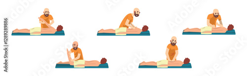 Man Osteopath and Manual Therapist Massaging Patient Vector Set
