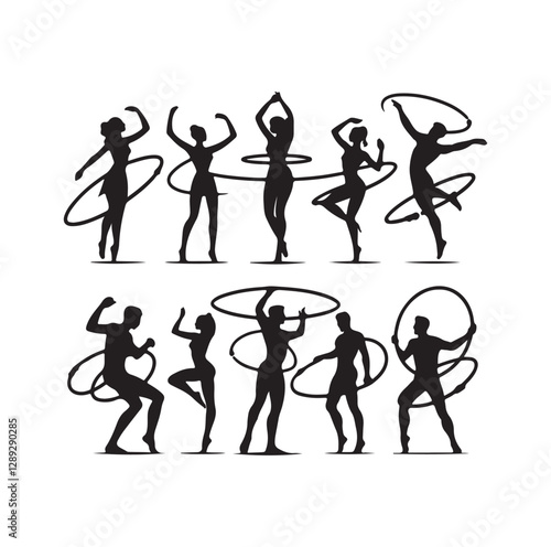 Men and women hula hooping silhouette vector illustration