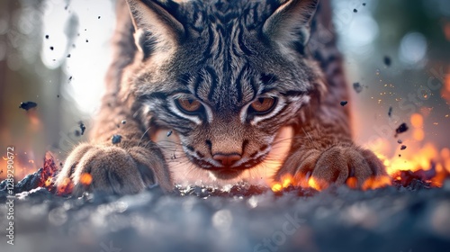 A powerful lynx prowls menacingly through a fiery landscape, showcasing its wild beauty and instinctual prowess as it prepares to hunt in a dramatic, vivid setting. photo