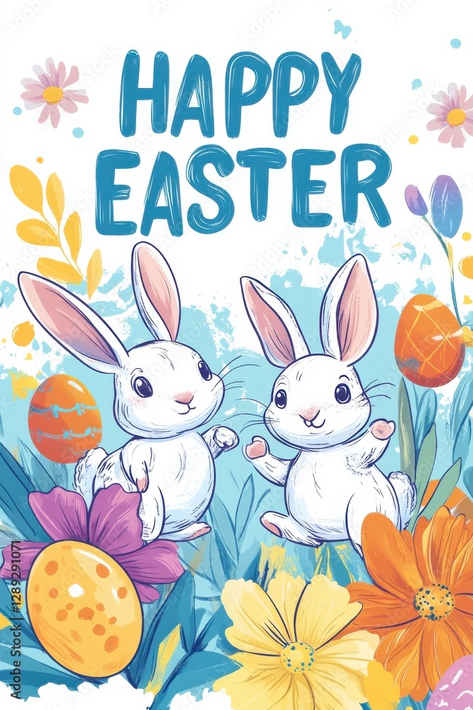 Cute Easter Illustration with Bunnies, Eggs, and Spring Flowers Cute Easter Illustration with Bunnies, Eggs, and Spring Flowers
