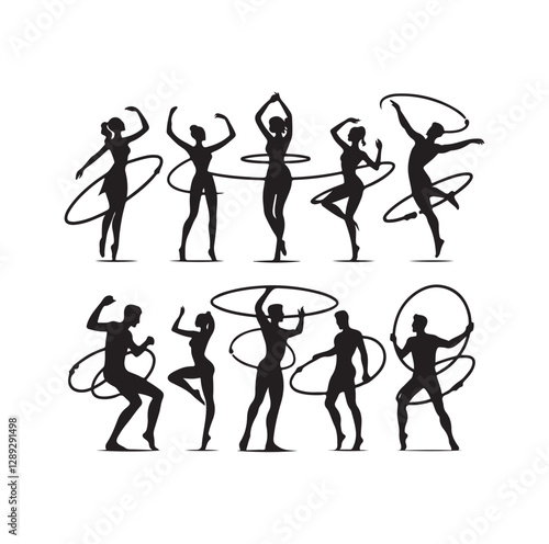 Men and women hula hooping silhouette vector illustration